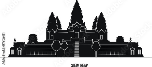 Siem Reap Cambodia skyline panorama featuring Angkor Wat temple silhouette with traditional Khmer architecture for Southeast Asian tourism and historical travel city design.v