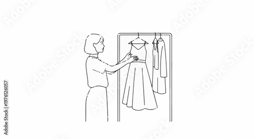 Person selecting an outfit from a clothing rack with two dresses