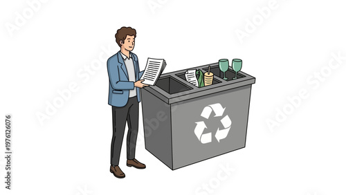 Person sorts items into a recycling bin with three compartments.
