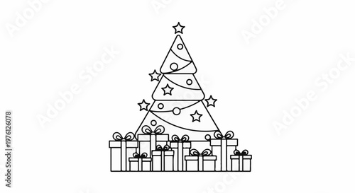 Festive outline of a Christmas tree adorned with stars and baubles, surrounded by many gift boxes
