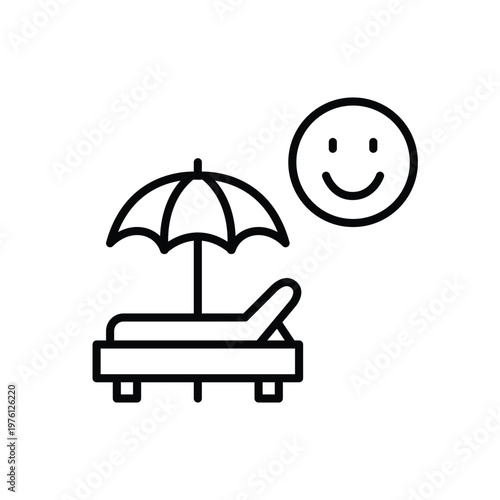 Beach bed, umbrella and smiley face symbol. Positive feedback for hotel and travel. Pixel perfect, editable stroke vector icon