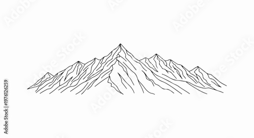A stark black and white line drawing depicts a range of jagged, snow-capped peaks
