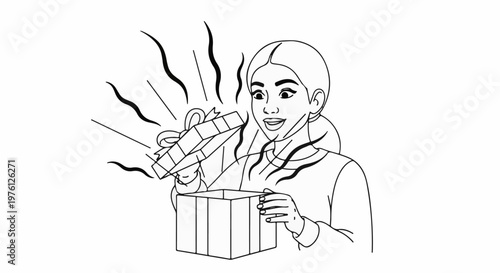A surprised young woman opens a present with radiating lines and wavy wisps
