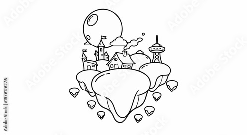Whimsical floating islands with buildings and a large moon