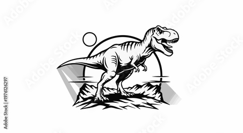 Black and white illustration of a Tyrannosaurus Rex on rocky terrain