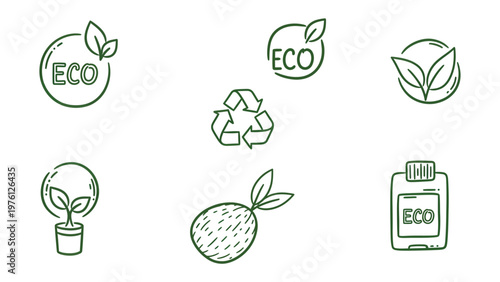 Eco-Friendly Icons: A collection of meticulously crafted, minimalist line art icons symbolizing ecological awareness, sustainability, and environmental responsibility.