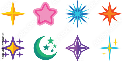 Colorful Star and Sparkle Icon Set Featuring Geometric Stars Crescent Moon Shine Burst Shapes and Decorative Glow Elements for Creative Design Projects