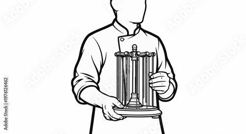 Person in chef's attire holding a cylindrical rack with tubes