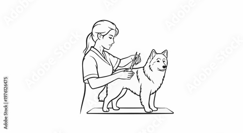 A woman in uniform is grooming a dog with scissors on a table
