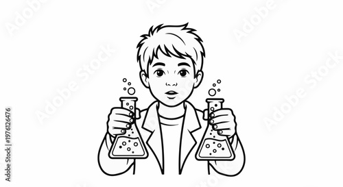 Young student in lab coat holds two bubbling beakers with surprise on face