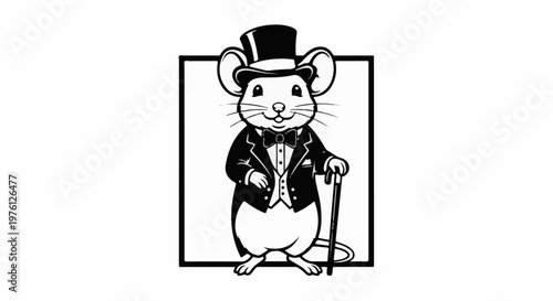 A dapper mouse in a top hat and tuxedo, holding a cane