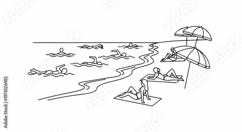 People swim and relax on a beach with umbrellas under a bright sun