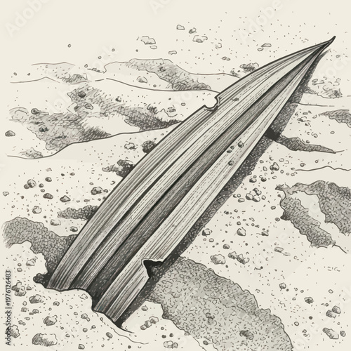 Ancient wooden artifact partially buried in sandy soil.