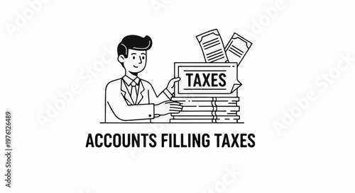 Person in suit with stack of documents labeled 'TAXES' and text below