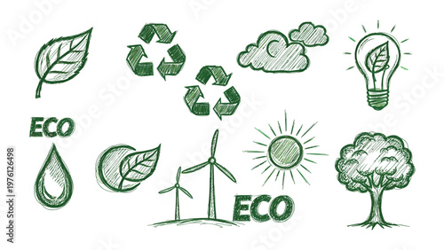 Eco-Conscious Symbol Set: A collection of hand-drawn icons representing the core tenets of environmental conservation, sustainability, and renewable energy. The icons depict a light bulb with a leaf.