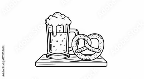 A frothy beer mug sits next to a salted pretzel on a wooden board