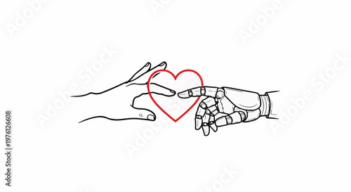 Human and robot hands reaching for a red heart