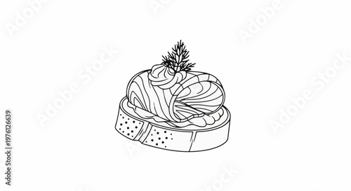 A line art depiction of a salmon roll on toast with dill garnish