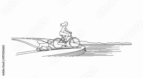 Person rides bicycle with dog running alongside on a scenic pathway