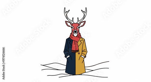 Stylized deer with antlers, wearing a red scarf and a two-toned coat