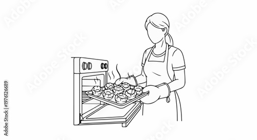 Person wearing apron and oven mitts removes a tray of freshly baked goods from an oven