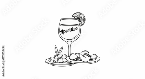 A glass with "Aperitivo" written inside, next to olives and chips