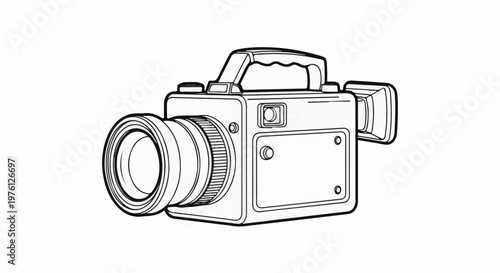 Line art illustration of a vintage video camera with a large lens and handle