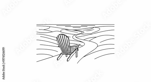 Single Adirondack chair on a winding path leading towards serene horizon