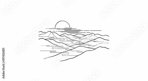 Stylized line art depicts a serene mountainous landscape with a stylized sun