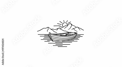A minimalist illustration of a rowboat on water with mountains and sun