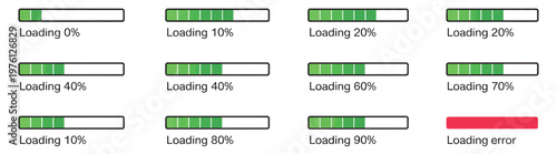 Loading bar percentage icon collection, green color infographic set from 0% to 100%, rectangle progress bars at 10%, 20%, 70%, 90%, and 100%, simple vector design for UI and dashboards.