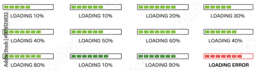 Percentage loading bar infographic icon set, 0–100% in green color, including 10%, 20%, 70%, 90%, and 100% bars, rectangle bar percent loading and process symbols, clean vector illustration.