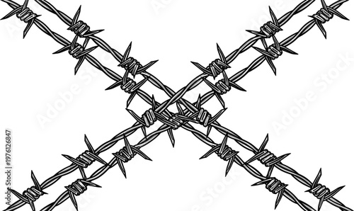 Industrial Barbed Wire Cross Illustration Featuring Sharp Metal Spikes for Security Concepts Border Protection and CAD Drawing Flat Vector Illustration