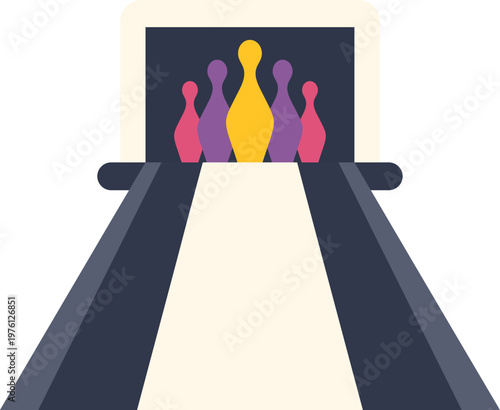 Bowling lane showing colorful pins arranged at the end, representing entertainment and sport