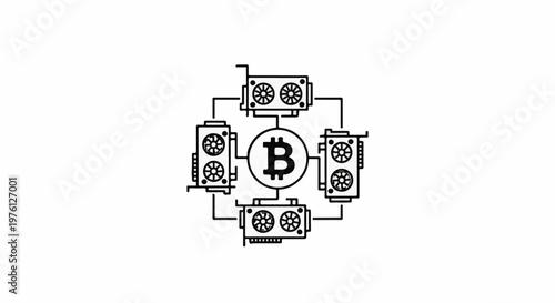 Stylized depiction of multiple computer graphics cards connected to a central Bitcoin symbol