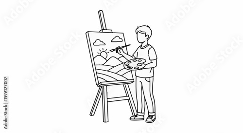 A person paints a landscape scene with mountains, sun, and clouds on an easel