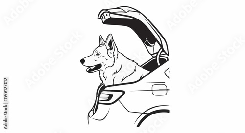 A dog sits in the open trunk of a car with its head turned to the side