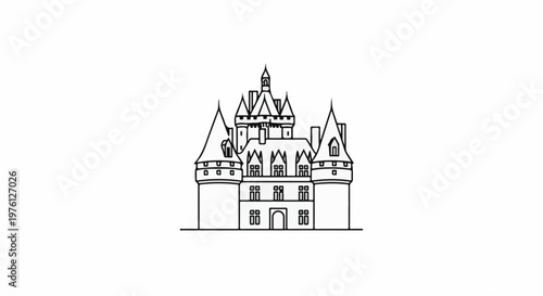 Stylized line drawing of a grand, multi-turreted castle with detailed windows