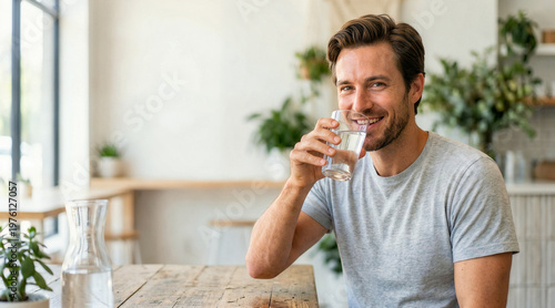 Smiling man drinking glass of fresh water at wooden table. Happy healthy male hydrating in bright modern home interior