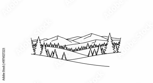 Stylized line art depicts a serene mountainous landscape with evergreen trees