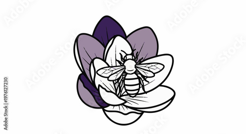 Stylized line art of a bee resting on a blooming flower with purple and white petals