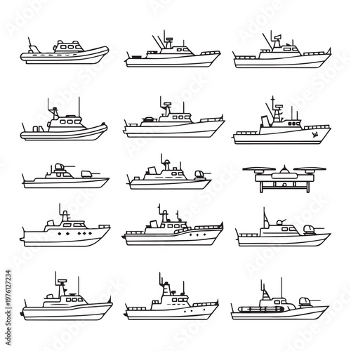Naval fleet with patrol boats and drone line art collection