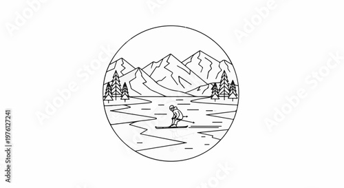 A lone skier glides across an icy lake with snow-capped mountains and pine trees behind