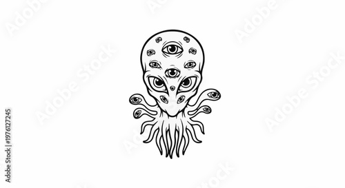 A multi-eyed alien creature with tentacles, drawn in a sketched style