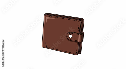 A closed, brown, bi-fold wallet with stitched seams and a snap closure