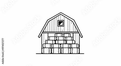 A line drawing of a barn filled with stacked bales of hay under a gambrel roof