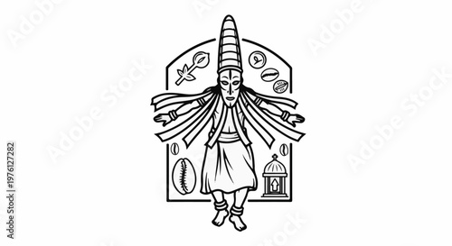 Stylized sketch of a figure in ceremonial attire with cultural symbols