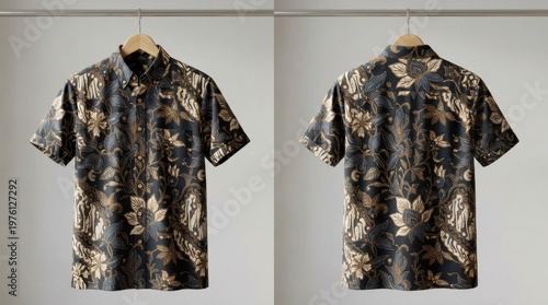 A mannequin displays the front and back of a short-sleeved shirt with a leaf pattern.