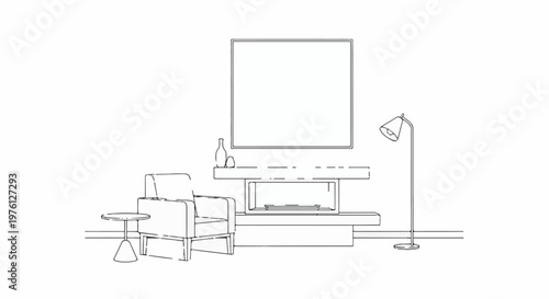 Minimalist living room scene with armchair, fireplace, and floor lamp
