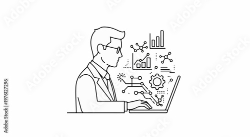 A scientist in glasses works on a laptop, surrounded by data and molecular diagrams